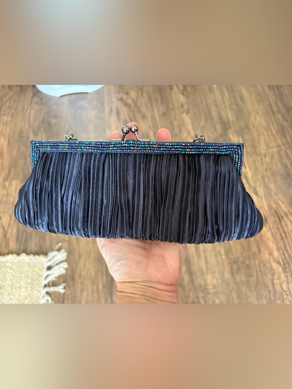NWT Y2K Vintage Navy Fellini Pleated Evening Clutch with Sparkle Frame